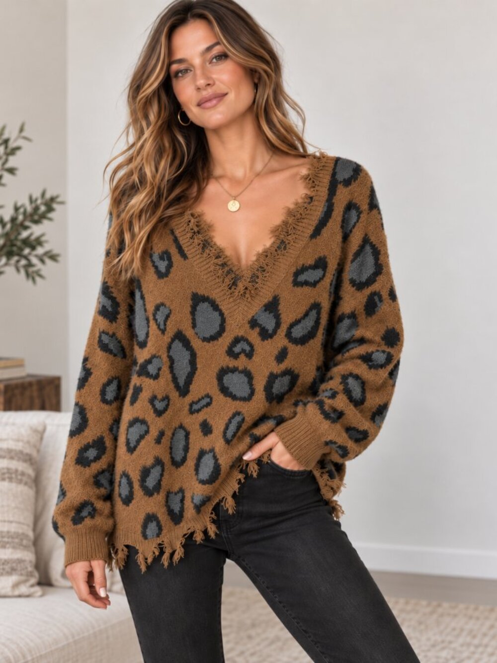 Grace & Emma Leopard Print Distressed Sweater